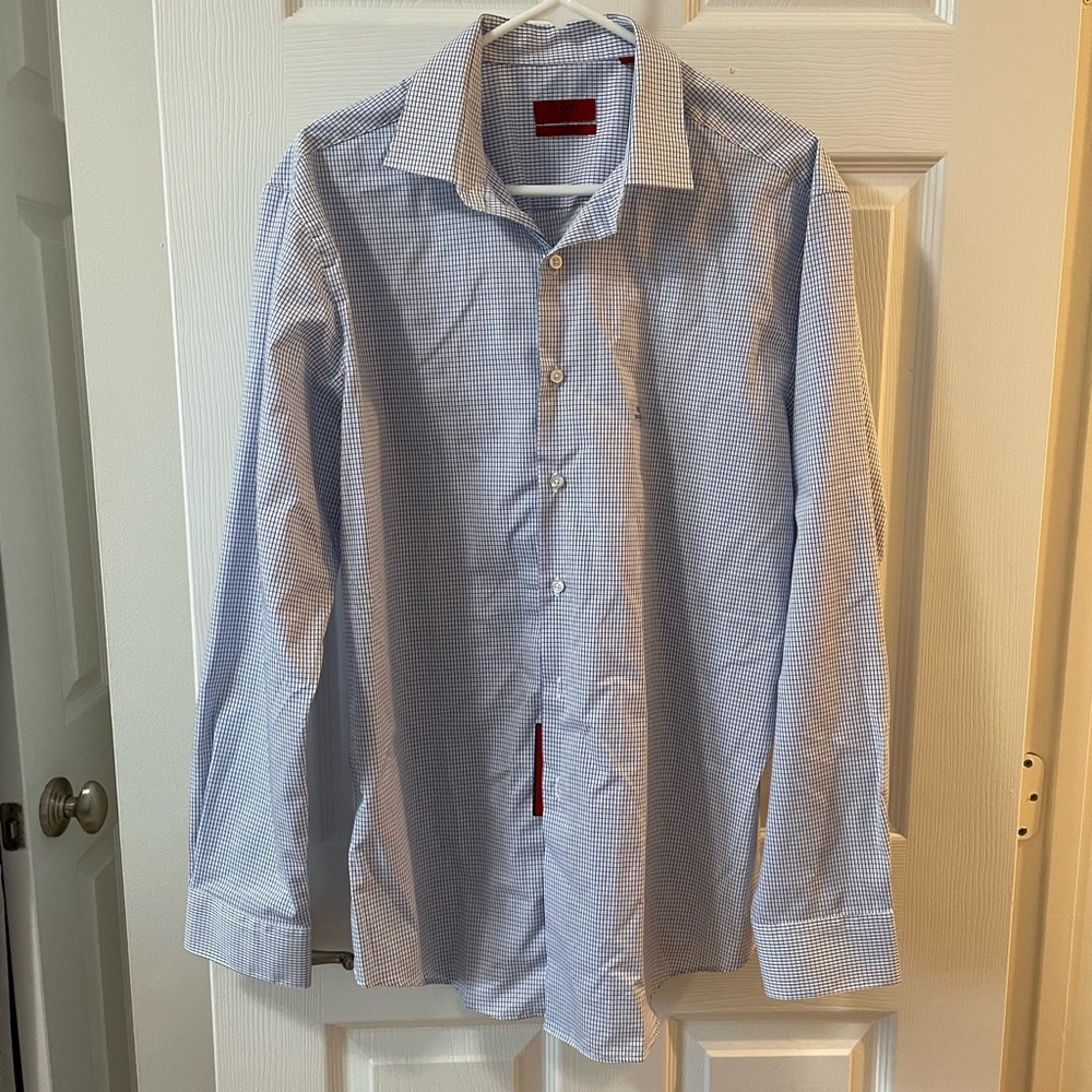 NWT Alfani fitted performance blue grid pattern button down shirt